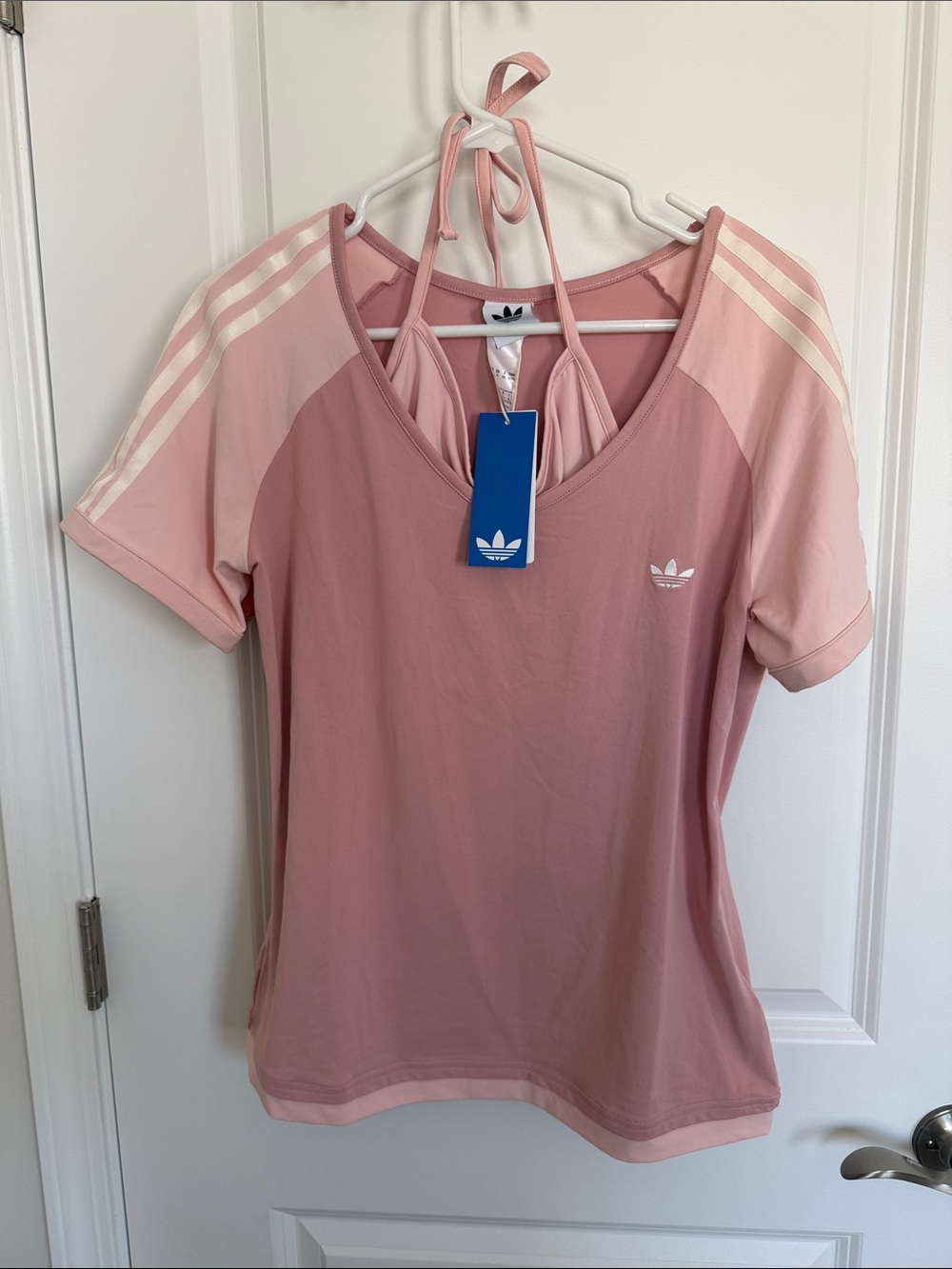 adidas Pink Short-Sleeve V-Neck Tee with tie built in bra